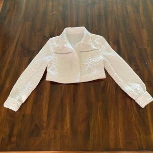 Monnalisa White Cropped Jacket with Crystal and Roses Embroidered Design